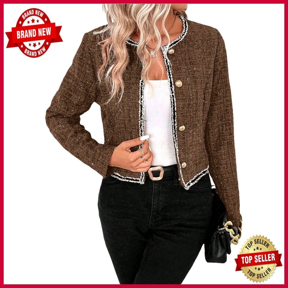 Sequin Cropped Tweed Blazer Open Front Collarless Long Sleeve Office Jacket